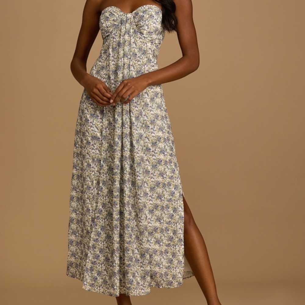 Lulus Garden Ivory Floral Print Strapless Maxi Dress Beige - Size M